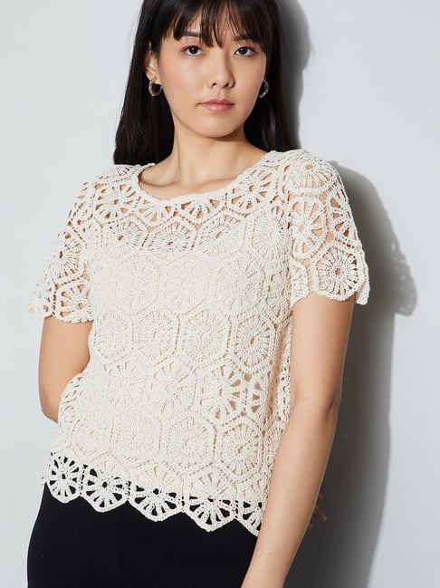 Code By Lifestyle Beige Cotton Regular Fit Self Pattern Top With Camisole