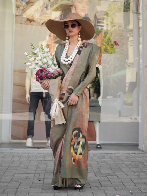 Elora Green & Beige Silk Printed Saree-picture-28