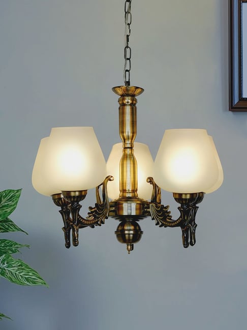 FOS LIGHTING Gold Aluminium Antique 5-Light Traditional Chandelier with Frosted Glass Shades