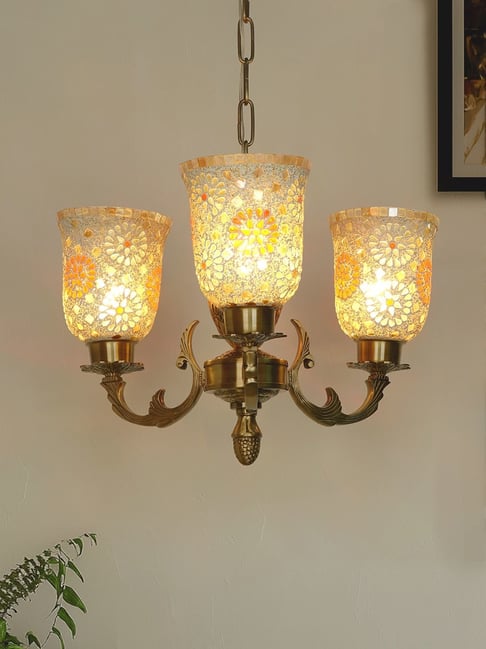 FOS LIGHTING Gold Brass Antique 3-Light Traditional Chandelier with Hand Made Mosaic Glass
