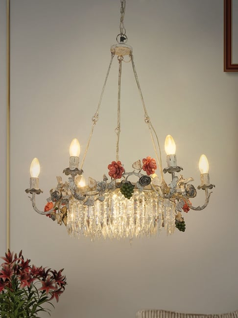 FOS LIGHTING White Mild Steel Distressed Bird & Flower Rustic Ring Chandelier with Oil Drop Crystals