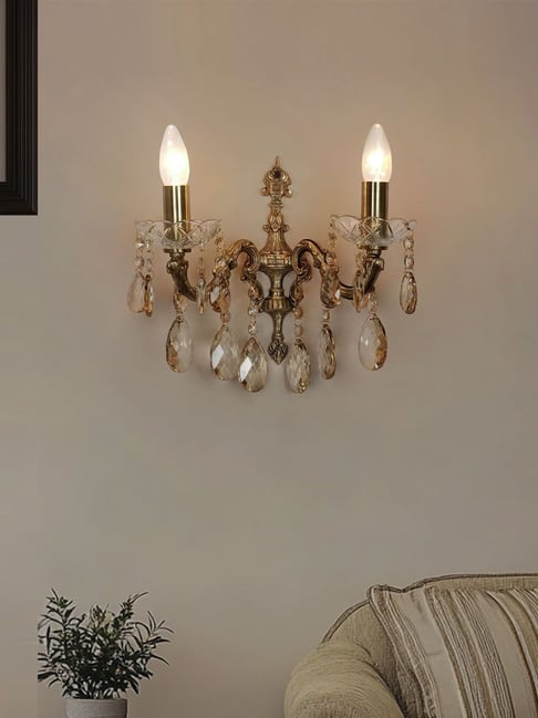 FOS LIGHTING Gold Brass & Crystal Double Light Antique Traditional Wall Sconce
