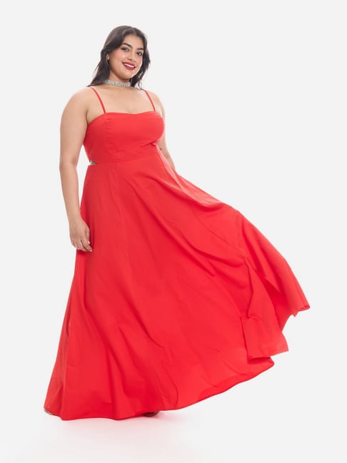 VIRGIO Red Cotton Solid Sleeveless Casual Dress
