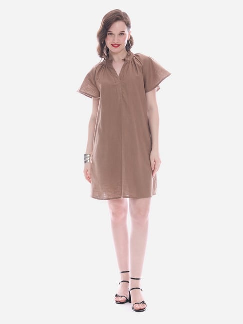 VIRGIO Beige Cotton Solid Short Sleeves Casual Dress