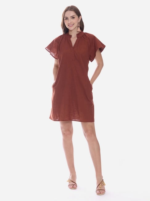 sachin and babi light blue dress VIRGIO Rust Cotton Solid Short Sleeves Casual Dress