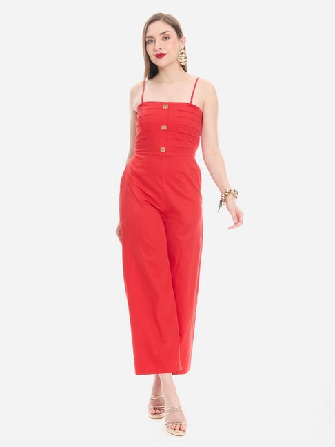VIRGIO Red Cotton Solid Sleeveless Jumpsuits