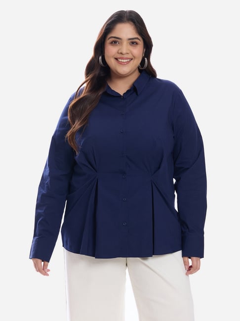 VIRGIO Navy Blue Cotton Solid Long Sleeves Top