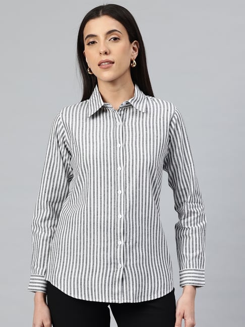 Cottinfab White & Grey Cotton Striped Long Sleeves Formal Shirt