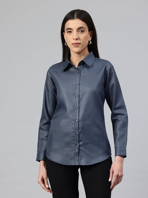 Cottinfab Navy Blue Solid Long Sleeves Formal Shirt