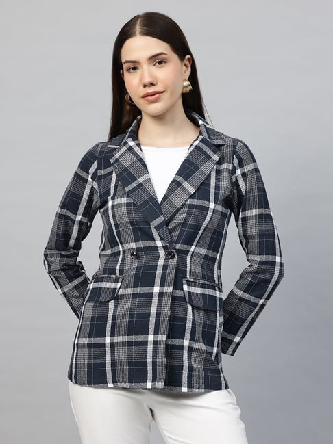 Cottinfab Navy Blue Cotton Checked Long Sleeves Blazer-picture-21