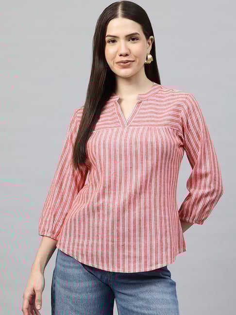 Cottinfab Red & White Cotton Striped Three-Quarter Sleeves Top