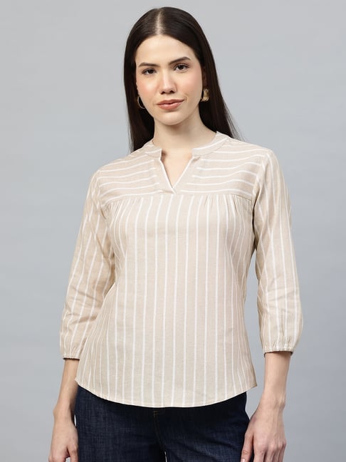 Cottinfab Biege & White Cotton Striped Three-Quarter Sleeves Top