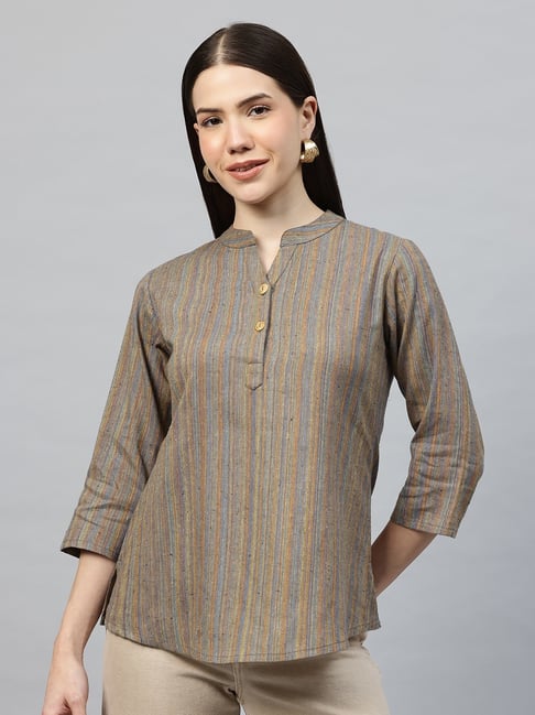 Cottinfab Multicolor Cotton Striped Three-Quarter Sleeves Top-image-10