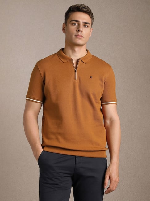 Louis Philippe Brown Cotton Slim Fit Solid Polo T-Shirt-picture-22