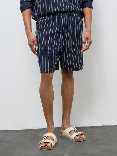 ETA by Westside Navy Striped Relaxed-Fit Mid-Rise Cotton Shorts