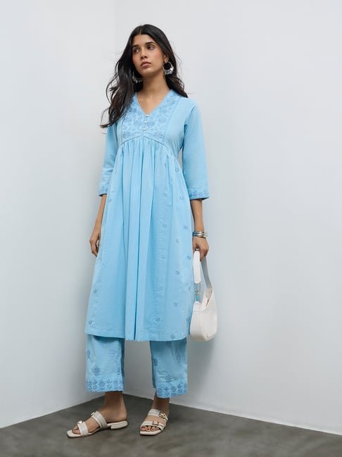 Utsa by Westside Blue Floral Embroidered Cotton A-Line Kurta-picture-36