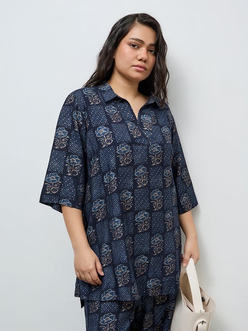 Diza by Westside Dark Blue Floral Printed High-Low Tunic-picture-13