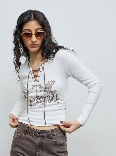 Nuon by Westside White Printed Cotton-Blend T-Shirt