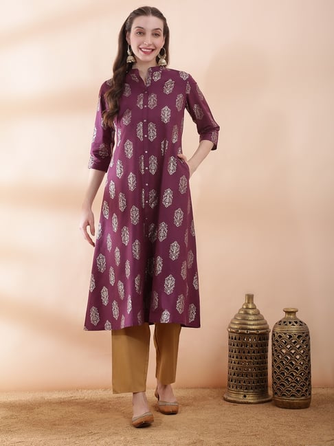 Globus Women Purple Ethnic Floral Gold Foil Print Mandarin Neck Button Down A-Line Festive Kurta-picture-20