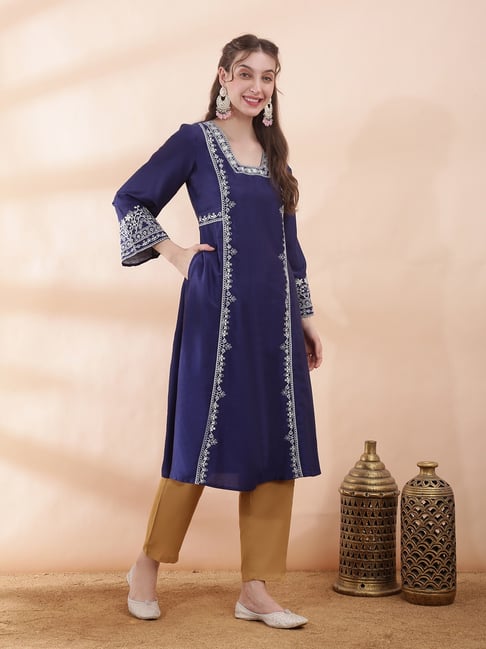 Globus Blue Silk Embroidered Long Sleeves Kurta-picture-22