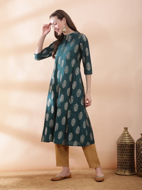 Globus Women Green Ethnic Floral Gold Foil Print Mandarin Neck Button Down A-Line Festive Kurta-picture-30