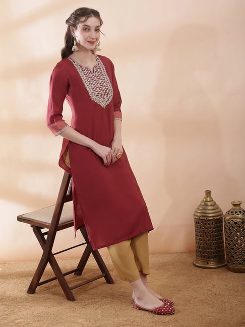 Globus Brown Silk Embroidered Three-Quarter Sleeves Kurta-picture-27