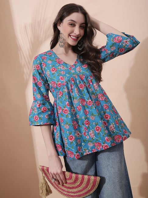 Globus Blue Cotton Printed Three-Quarter Sleeves Tunic