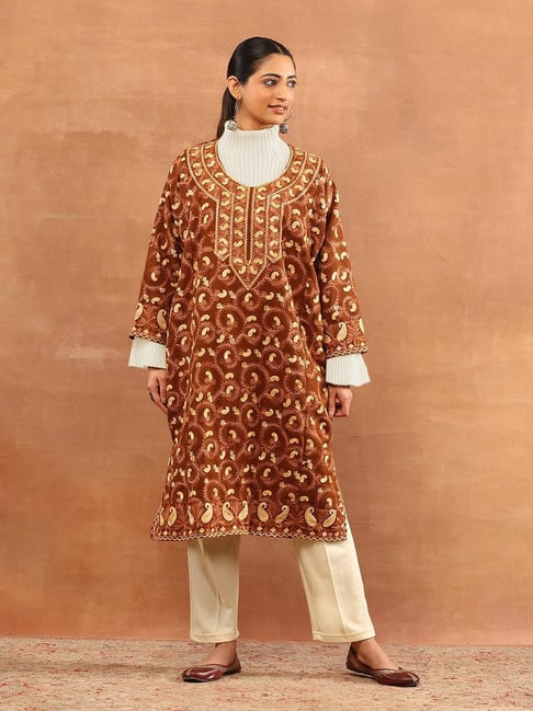 House of Chikankari Brown Straight Fit Embroidered Kurti-picture-21