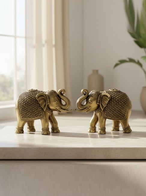 eCraftIndia Golden Brass Showpiece Elephant Statue - Set of 2