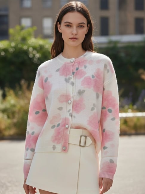 Outzidr Cream & Pink Polyester Printed Cardigan-image-26