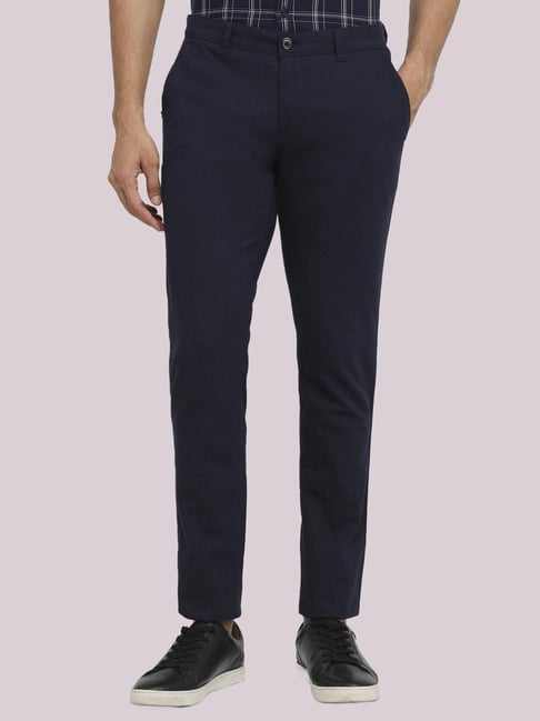 Parx Dark Blue Slim Fit Checked Trousers