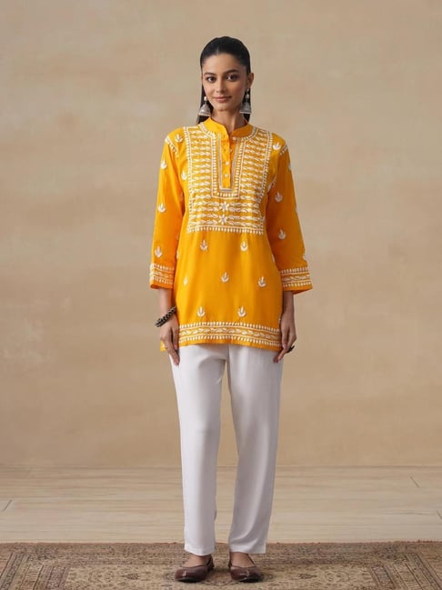 House Of Chikankari Mustard Cotton Straight Kurta-picture-16