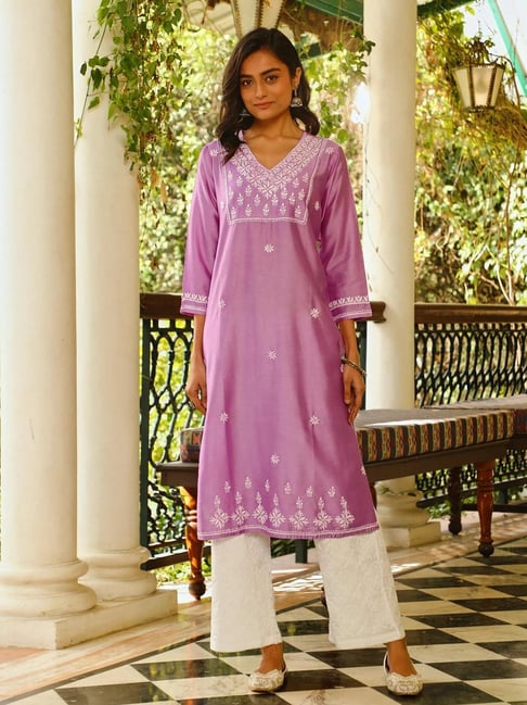 House Of Chikankari Purple Chanderi Straight Kurta-picture-44