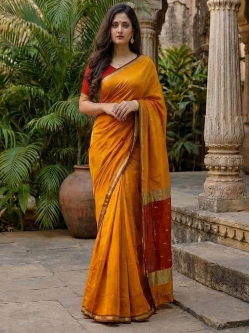 Anjaneya Sarees Yellow Cotton Silk Woven Design Saree with Unstitched Blouse-picture-20