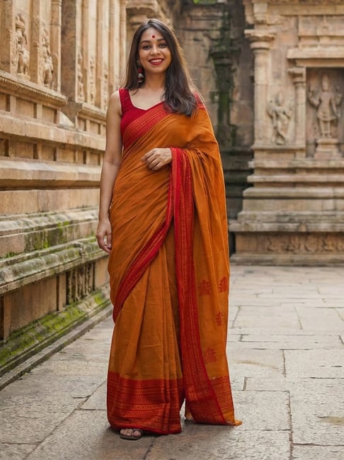 Anjaneya Sarees Orange Cotton Silk Woven Design Saree with Unstitched Blouse-picture-23