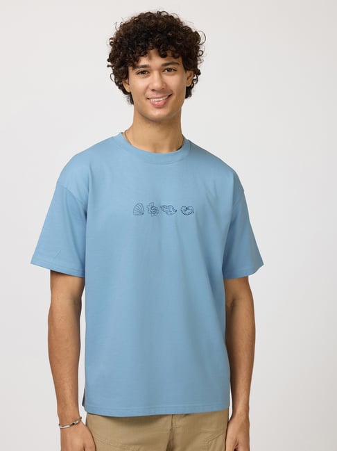 Hoversoul Sky Blue 100% Cotton Oversize Printed Round Neck T-Shirt-picture-22