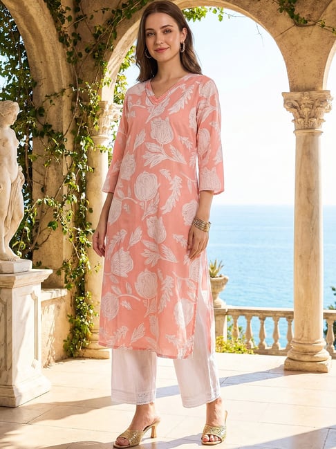 Indo Era Pink Cotton Regular Fit Printed Kurta-picture-18