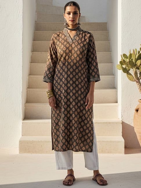 Indo Era Brown Cotton Regular Fit Printed Kurta-picture-31
