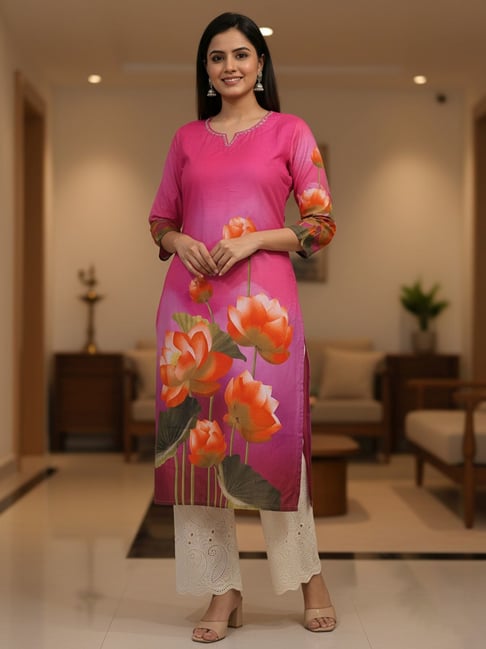 Indo Era Pink Cotton Regular Fit Floral Print Kurta-picture-37