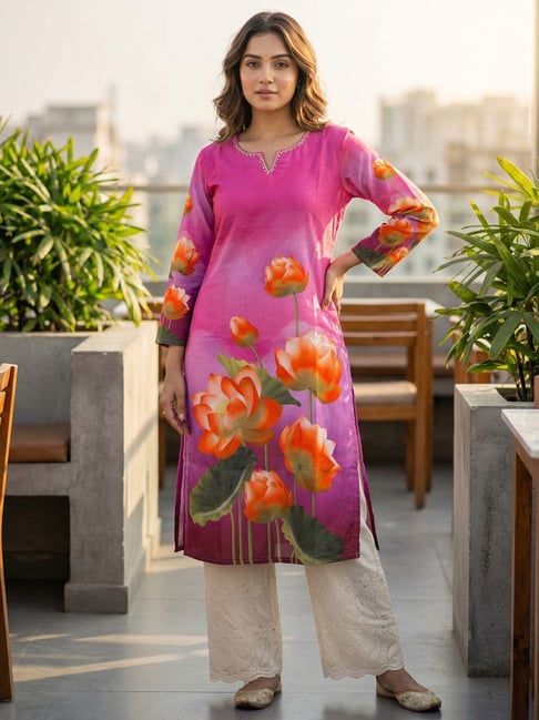 Indo Era Pink Cotton Regular Fit Floral Print Kurta-picture-33