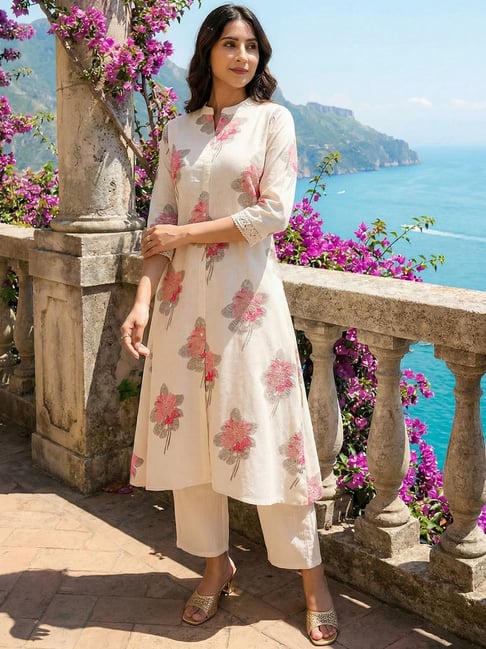Indo Era Off White Cotton Regular Fit Floral Print Kurta-picture-42