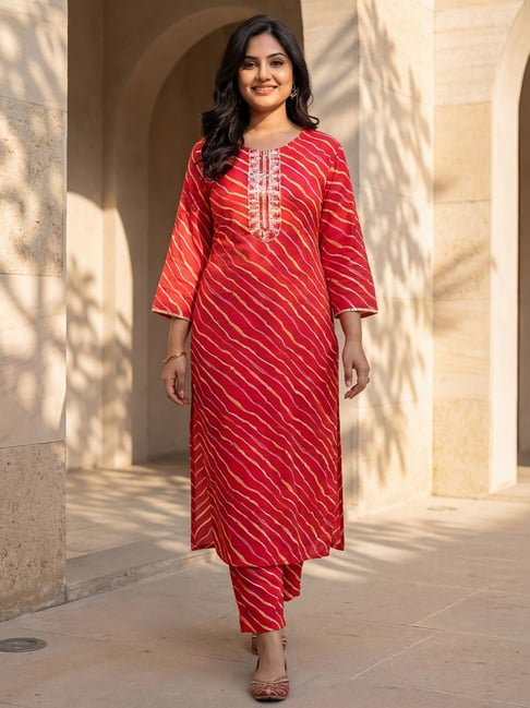 Indo Era Red Cotton Regular Fit Printed Kurta-picture-15