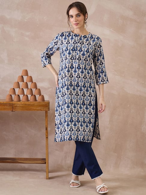Indo Era Off White Cotton Regular Fit Printed Kurta-picture-35