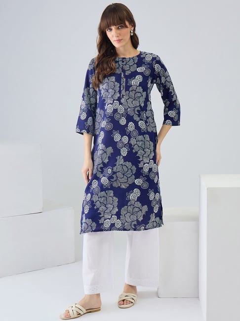 Indo Era Blue Linen Regular Fit Printed Kurta-picture-26