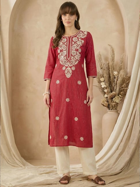 Indo Era Maroon Cotton Regular Fit Embroidered Kurta-picture-48