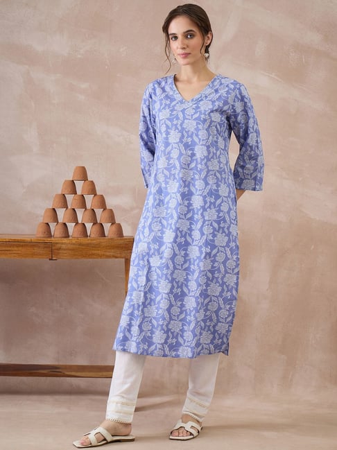 Indo Era Lavender Cotton Regular Fit Floral Print Kurta-picture-11