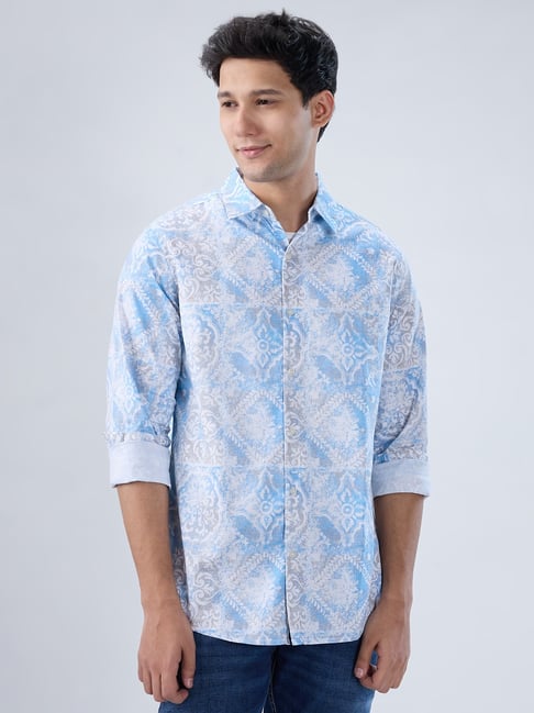 Spykar Light Blue Cotton Regular Fit Printed Shirt-picture-10