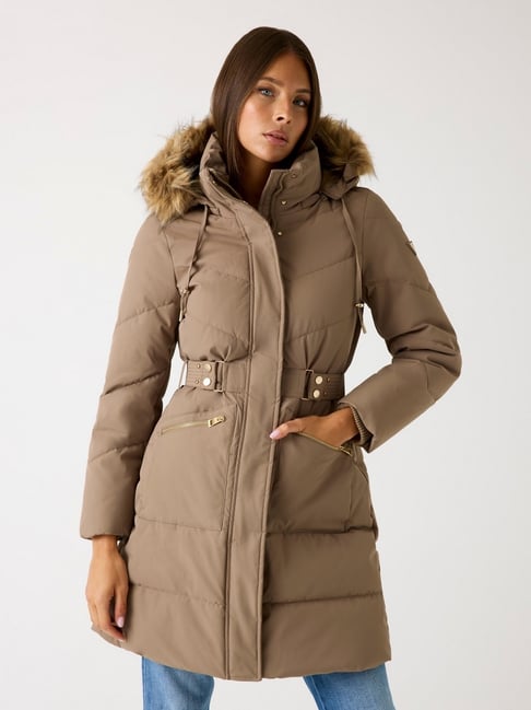Guess Women Taupe Solid Hooded Jacket-picture-43