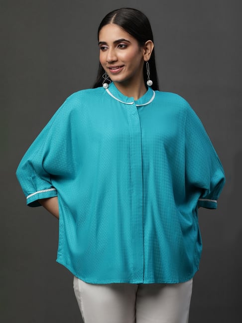 Aurelia Blue Woven Design Three-Quarter Sleeves Tunic-picture-29