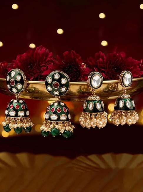 Zaveri Pearls Green Meenakari Pink Stones Beads Jhumka Earrings Set of 2-picture-33